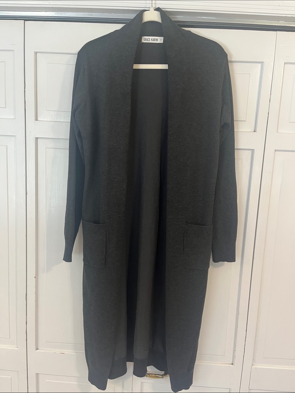 Grace Karin Gray Knit Long Open Cardigan Sweater Size Medium